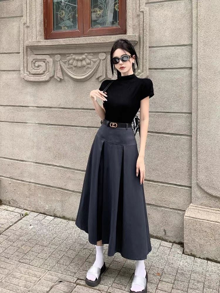 CHÂN VÁY XẾP LI CHÉO XƯỚC DÁNG A DÀI