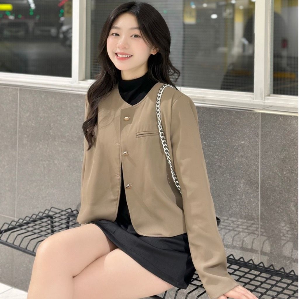 ÁO KHOÁC VEST BLAZER TRƠN KHUY ĐỒNG CỔ TRÒN 1 TÚI