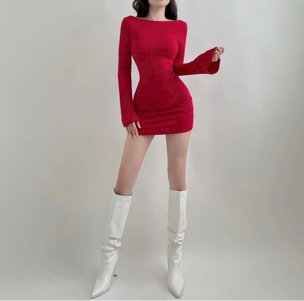 ĐẦM ĐỎ THUN GÂN BODY HỞ LƯNG CỘT EO TRẮNG NGẮN