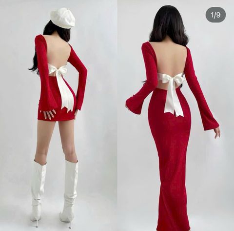 ĐẦM ĐỎ THUN GÂN BODY HỞ LƯNG CỘT EO TRẮNG DÀI