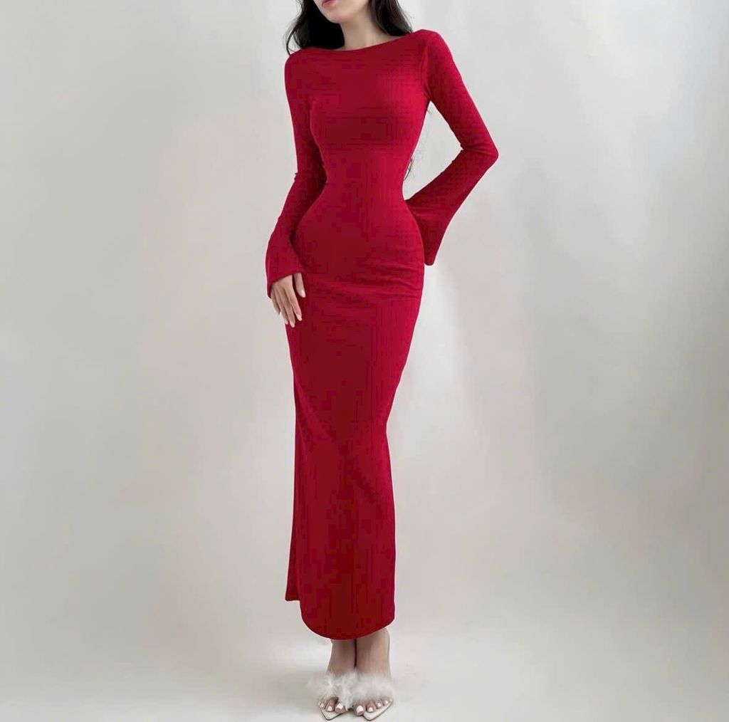 ĐẦM ĐỎ THUN GÂN BODY HỞ LƯNG CỘT EO TRẮNG DÀI