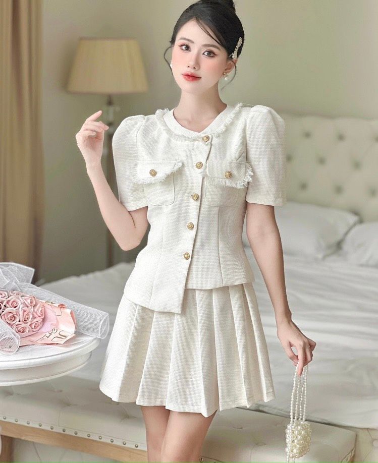 SET ÁO KÈM CHÂN VÁY DẠ LỆCH TÀ CÚT ĐỒNG