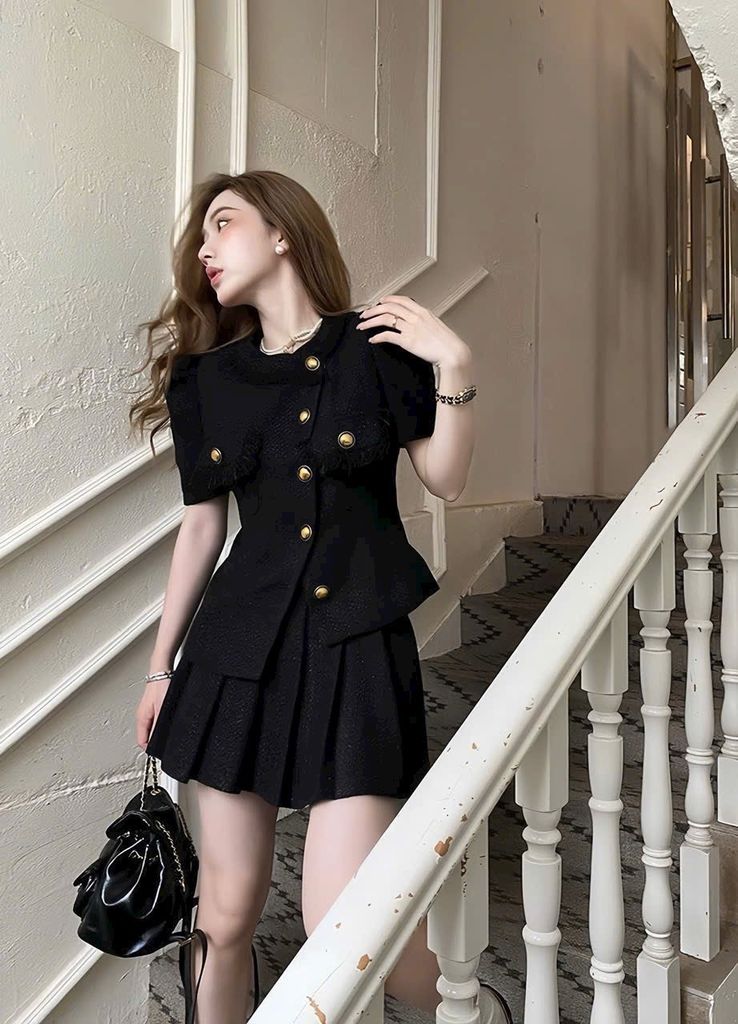 SET ÁO KÈM CHÂN VÁY DẠ LỆCH TÀ CÚT ĐỒNG
