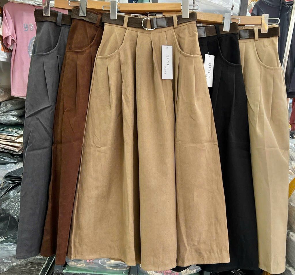 CHÂN VÁY NHUNG XẾP LY DÁNG A KÈM THẮT LƯNG