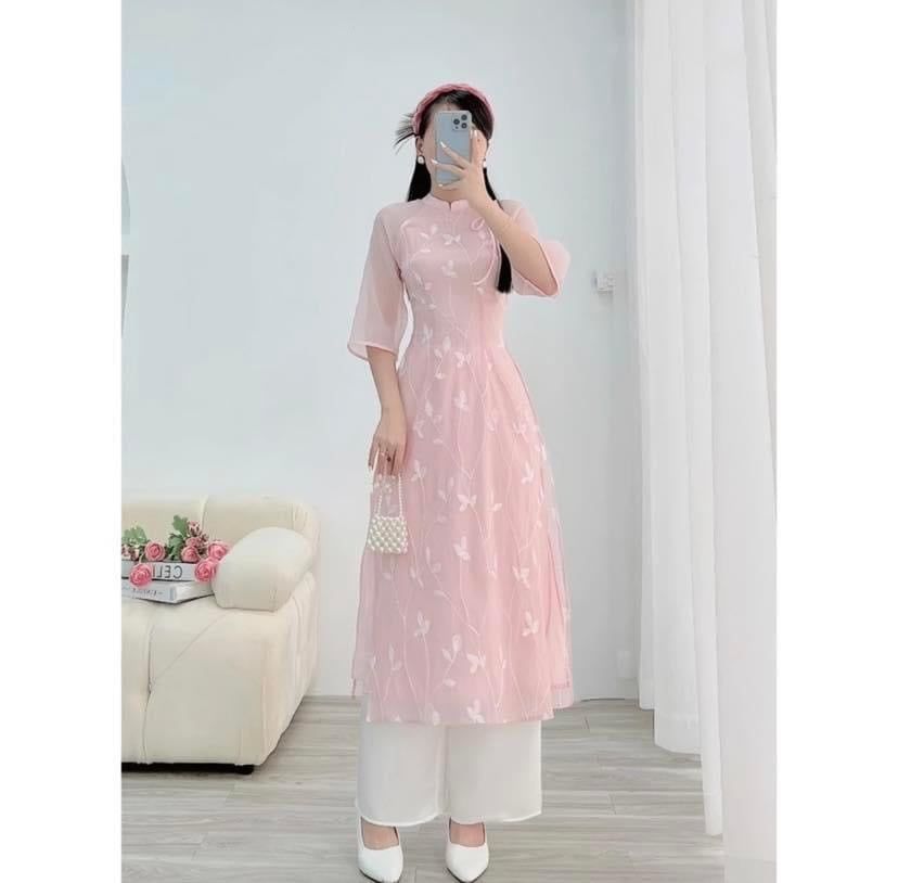 ÁO DÀI TƠ THÊU LÁ KÈM QUẦN LỤA DÀI