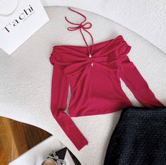 ÁO THUN TƠ ÓNG ĐỎ BẸT VAI DÀI TAY CỘT NƠ CỔ DÀY