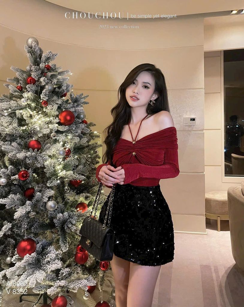 ÁO THUN TƠ ÓNG ĐỎ BẸT VAI DÀI TAY CỘT NƠ CỔ DÀY