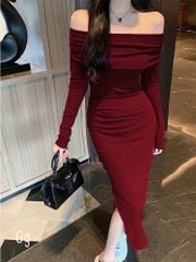 ĐẦM LEN GÂN BẸT VAI ĐỎ DÁNG ÔM DÀI XẺ TÀ 1 BÊN