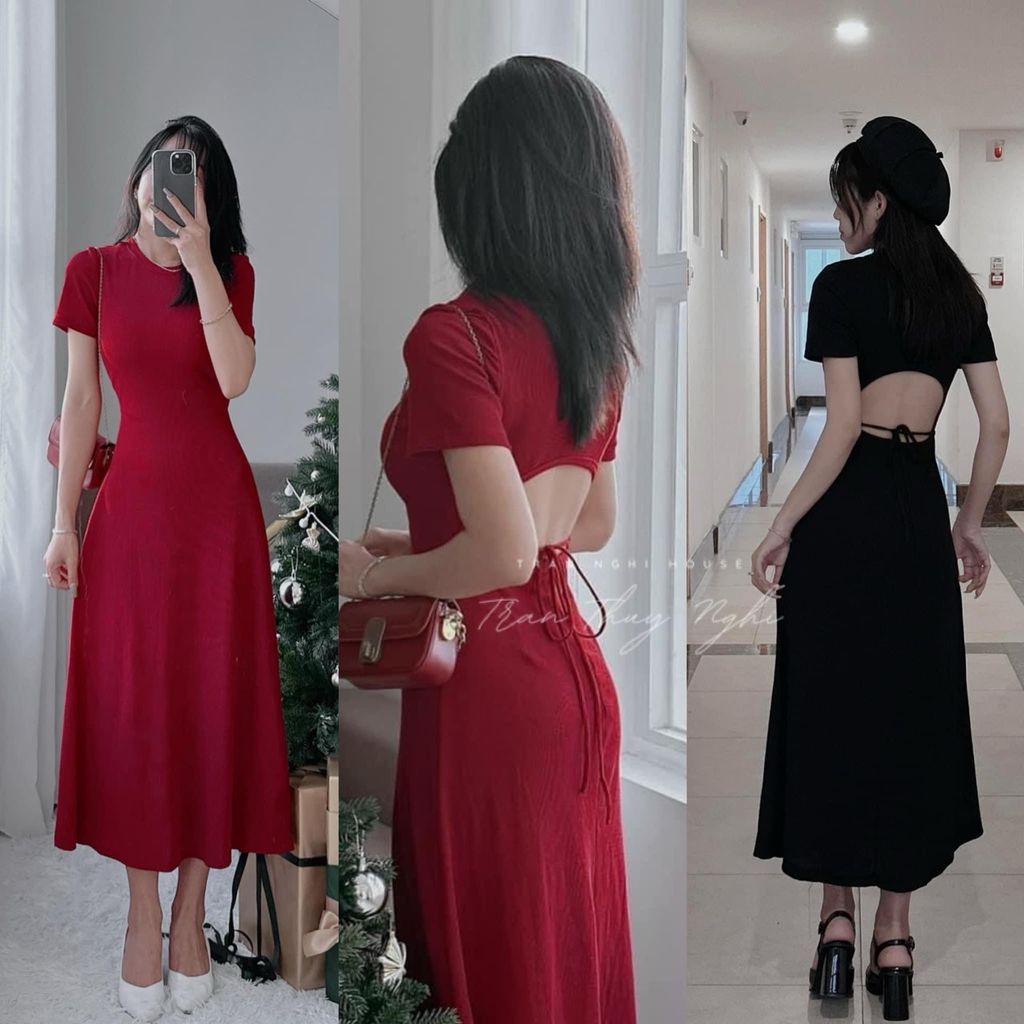 ĐẦM THUN GÂN ĐỎ DÁNG DÀI KHOÉT EO LƯNG