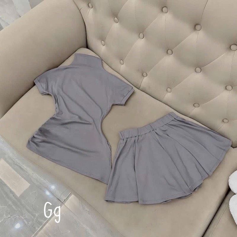 SET ÁO THUN GÂN CỔ TRỤ LỆCH TÀ KÈM CHÂN VÁY XÒE