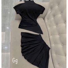 SET ÁO THUN GÂN CỔ TRỤ LỆCH TÀ KÈM CHÂN VÁY XÒE