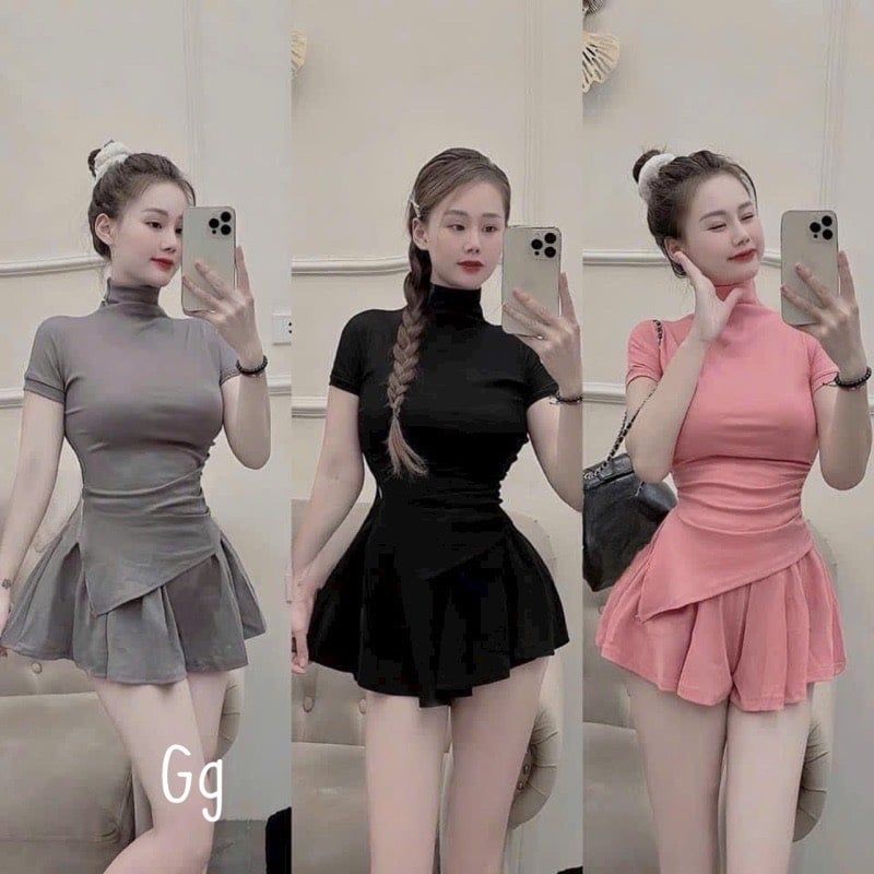 SET ÁO THUN GÂN CỔ TRỤ LỆCH TÀ KÈM CHÂN VÁY XÒE