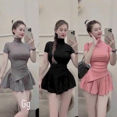 SET ÁO THUN GÂN CỔ TRỤ LỆCH TÀ KÈM CHÂN VÁY XÒE