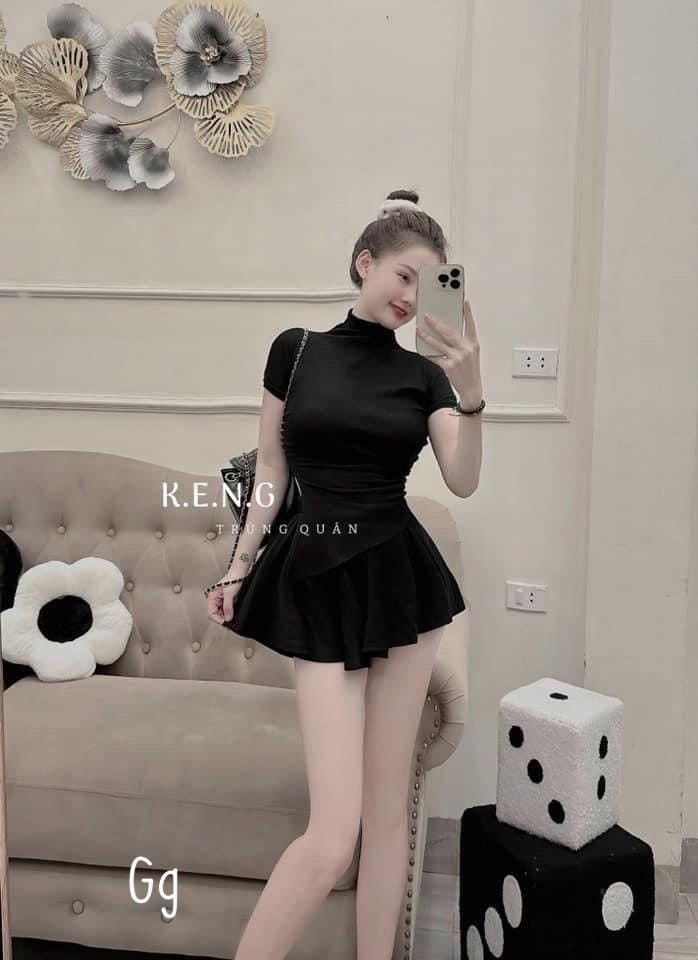 SET ÁO THUN GÂN CỔ TRỤ LỆCH TÀ KÈM CHÂN VÁY XÒE