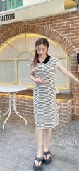 ĐẦM SUÔNG DÀI TỔ ONG PHỐI CỔ MÀU THÊU THỎ