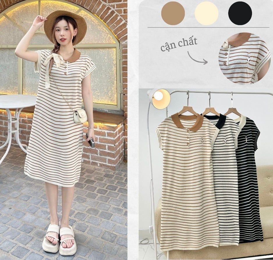 ĐẦM SUÔNG DÀI TỔ ONG PHỐI CỔ MÀU THÊU THỎ
