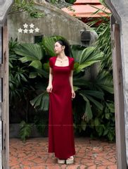 ĐẦM THUN GÂN ĐỎ SUÔNG DÀI CỔ U TAY DÀI