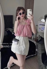 SET ÁO DÂY NƠ LỆCH CARO HỒNG KÈM CHÂN VÁY TRẮNG