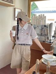 ÁO THUN POLO SỌC KEM PHỐI MÀU CÓ CỔ ĐÍNH CHỮ TIM