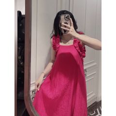 ĐẦM TƠ MỀM HỒNG 2 DÂY BÈO DÁNG RỘNG DÀI CÀI NÚT LƯNG