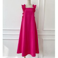 ĐẦM TƠ MỀM HỒNG 2 DÂY BÈO DÁNG RỘNG DÀI CÀI NÚT LƯNG