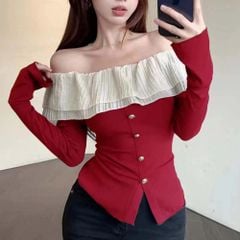ÁO THUN ĐỎ CỔ BÈO TRẮNG BẸT VAI