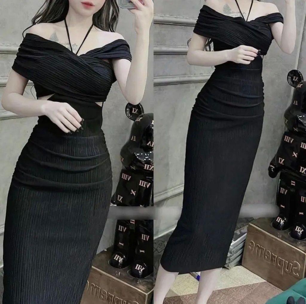 ĐẦM THUN BODY DÀI CHÉO VAI CỘT NƠ CỔ