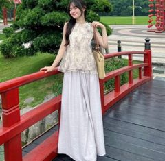 SET ÁO CỔ YẾM VOAN CỔ TRANG KÈM QUẦN VÁY DÀI ỐNG RỘNG KEM