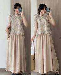 SET ÁO CỔ YẾM VOAN CỔ TRANG KÈM QUẦN VÁY DÀI ỐNG RỘNG KEM