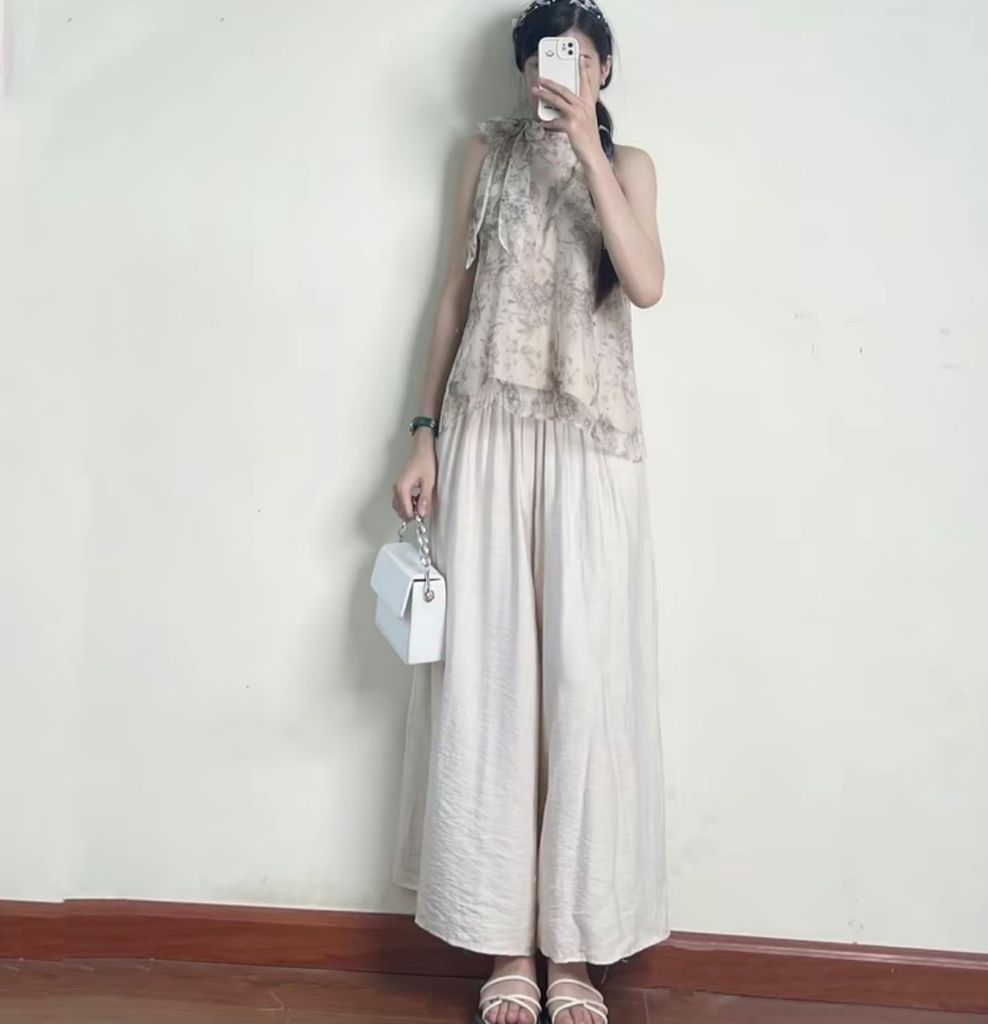 SET ÁO CỔ YẾM VOAN CỔ TRANG KÈM QUẦN VÁY DÀI ỐNG RỘNG KEM