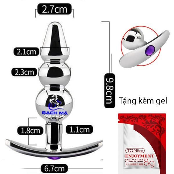  Phích cắm hậu môn inox đính đá phát sáng đầu nhọn 3 khấc 