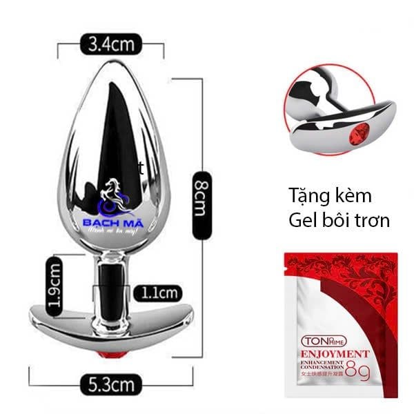  Phích cắm hậu môn inox đính đá phát sáng đế dài size trung 