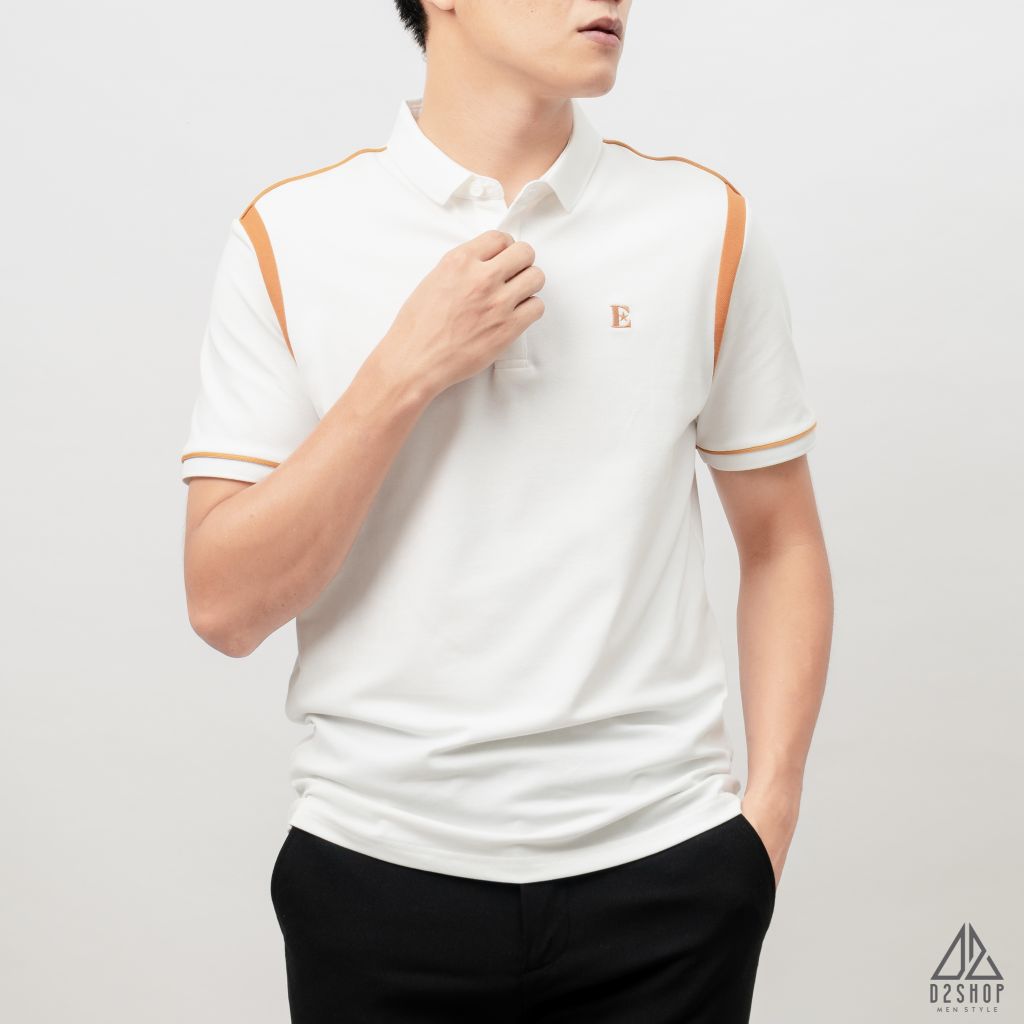 Áo polo phối vai thêu chữ E