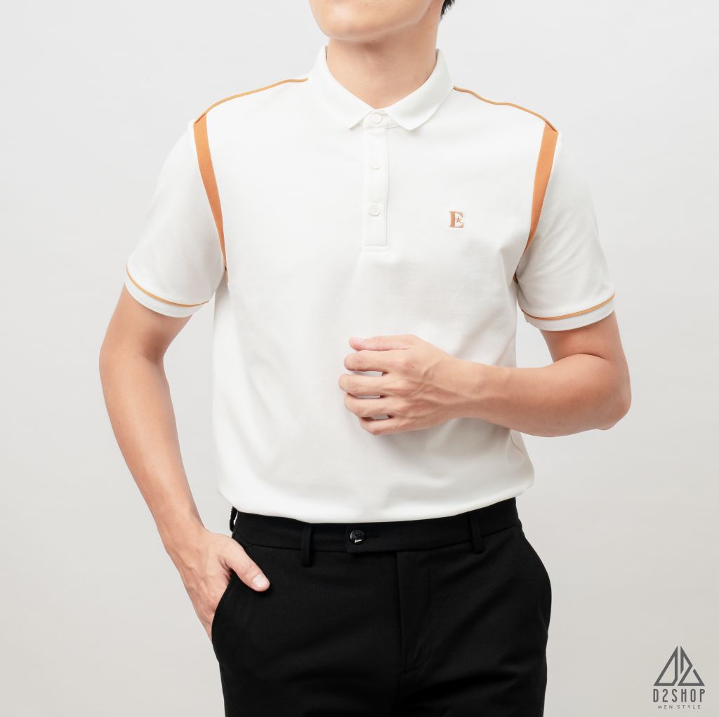 Áo polo phối vai thêu chữ E
