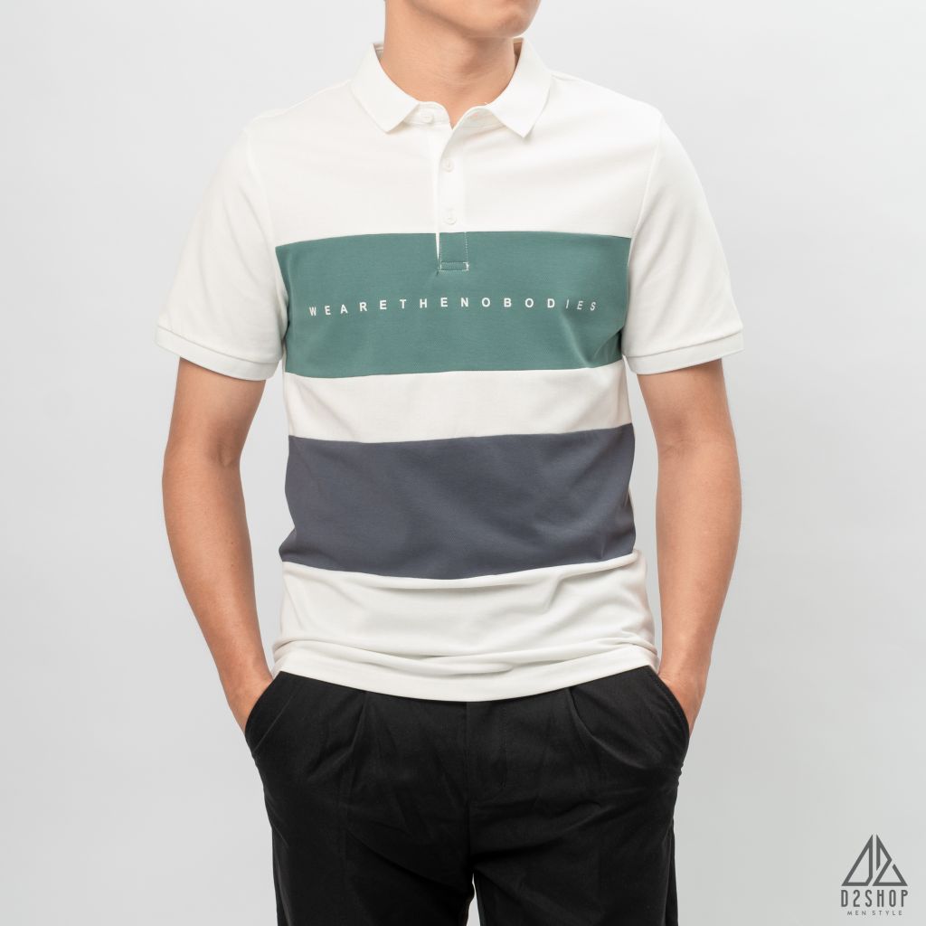Áo polo phối ngực 3 màu in chữ
