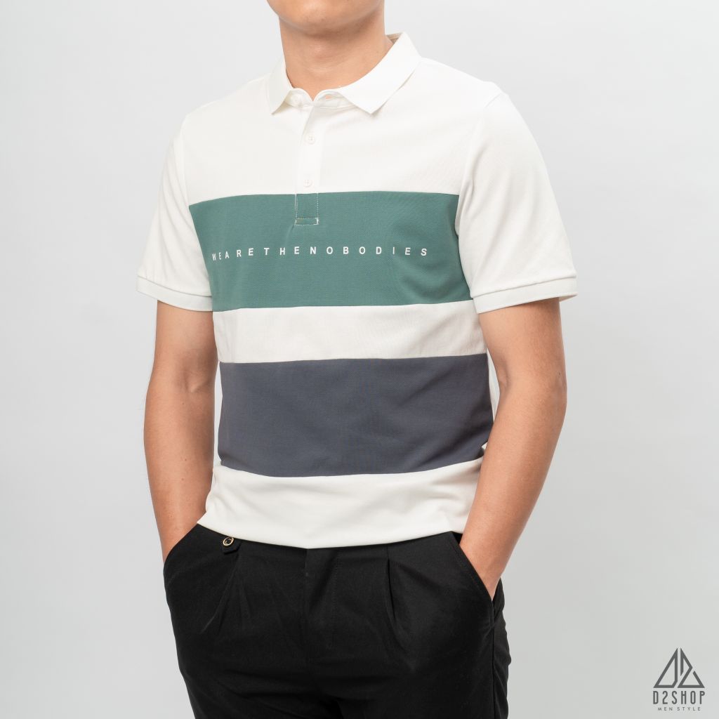 Áo polo phối ngực 3 màu in chữ
