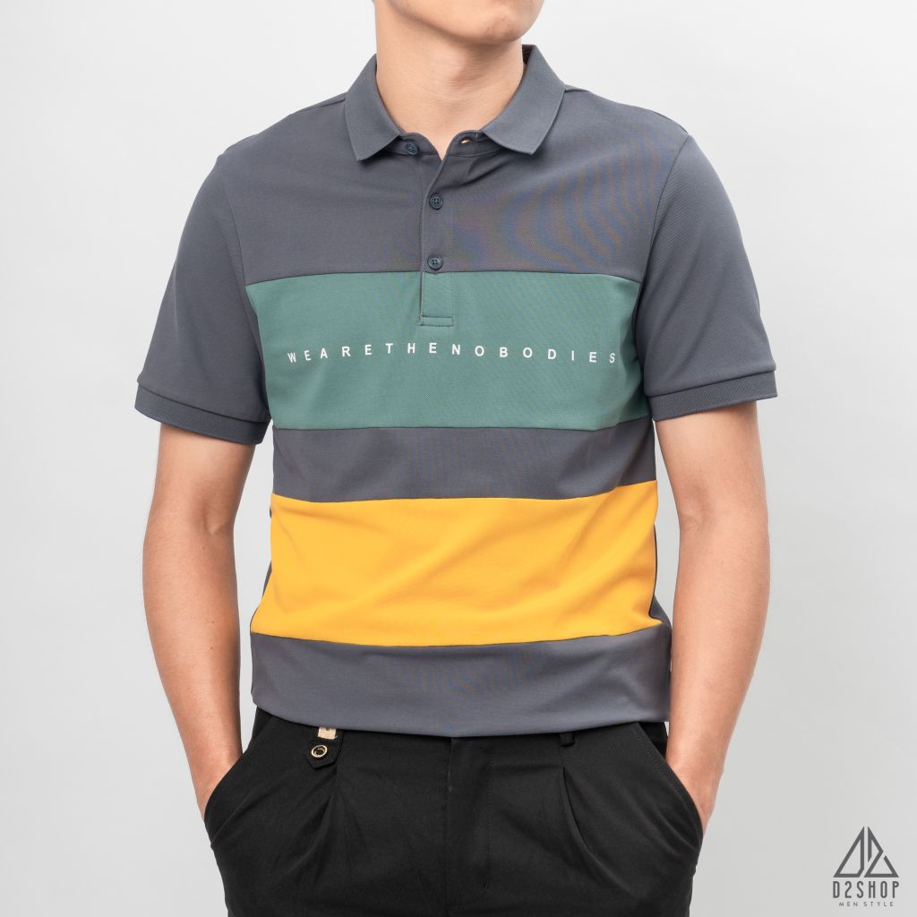 Áo polo phối ngực 3 màu in chữ