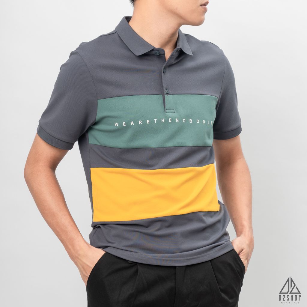 Áo polo phối ngực 3 màu in chữ