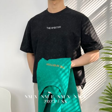 Áo thun wash thêu chữ AMBITION