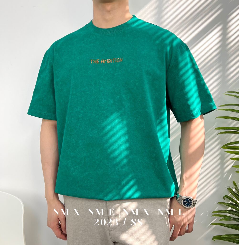 Áo thun wash thêu chữ AMBITION
