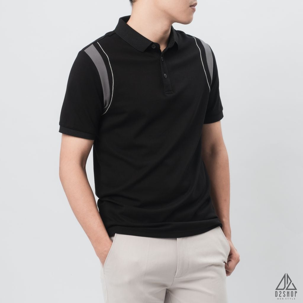 Áo polo phối viền vai chỉ nổi