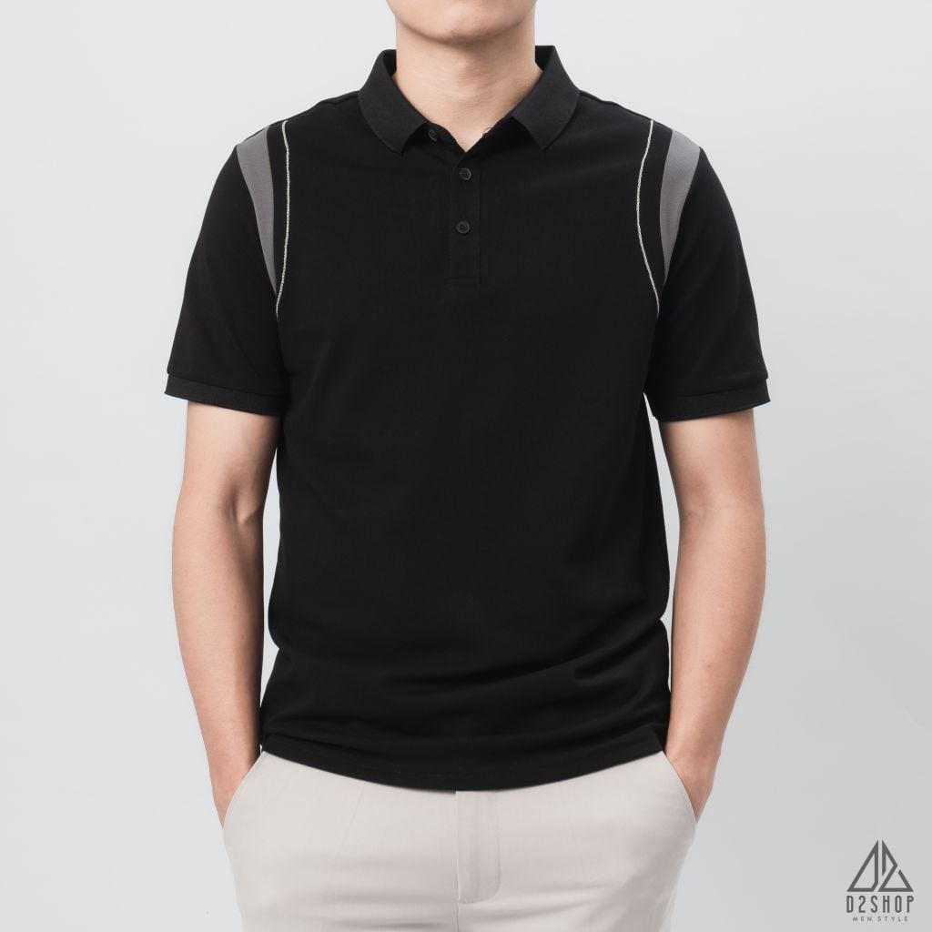 Áo polo phối viền vai chỉ nổi