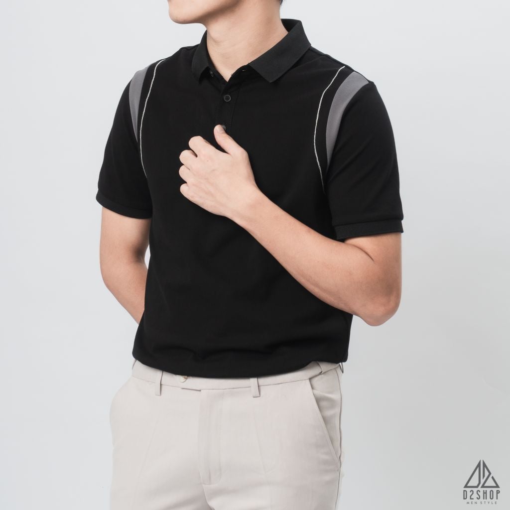Áo polo phối viền vai chỉ nổi