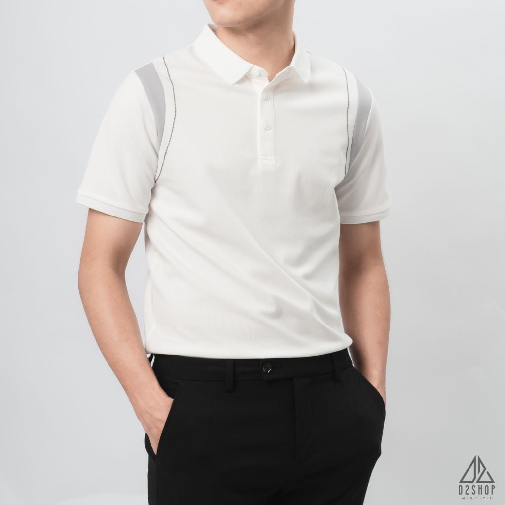 Áo polo phối viền vai chỉ nổi