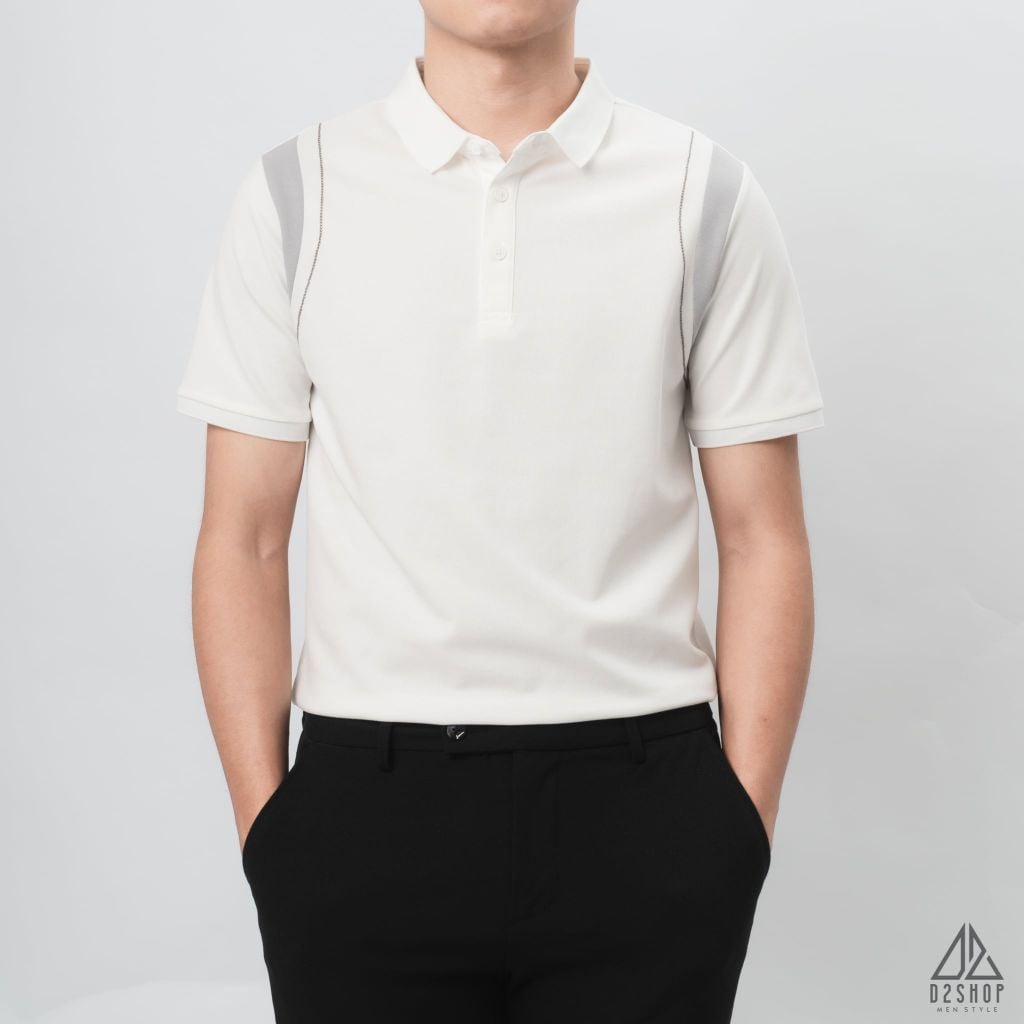 Áo polo phối viền vai chỉ nổi