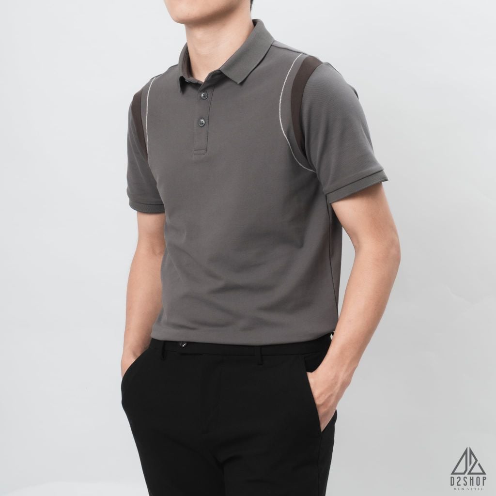 Áo polo phối viền vai chỉ nổi