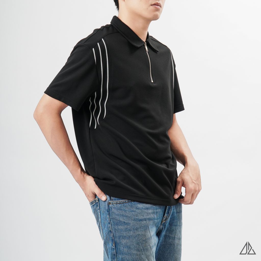 Áo polo cổ sơ mi dây kéo phối 3 sọc trắng