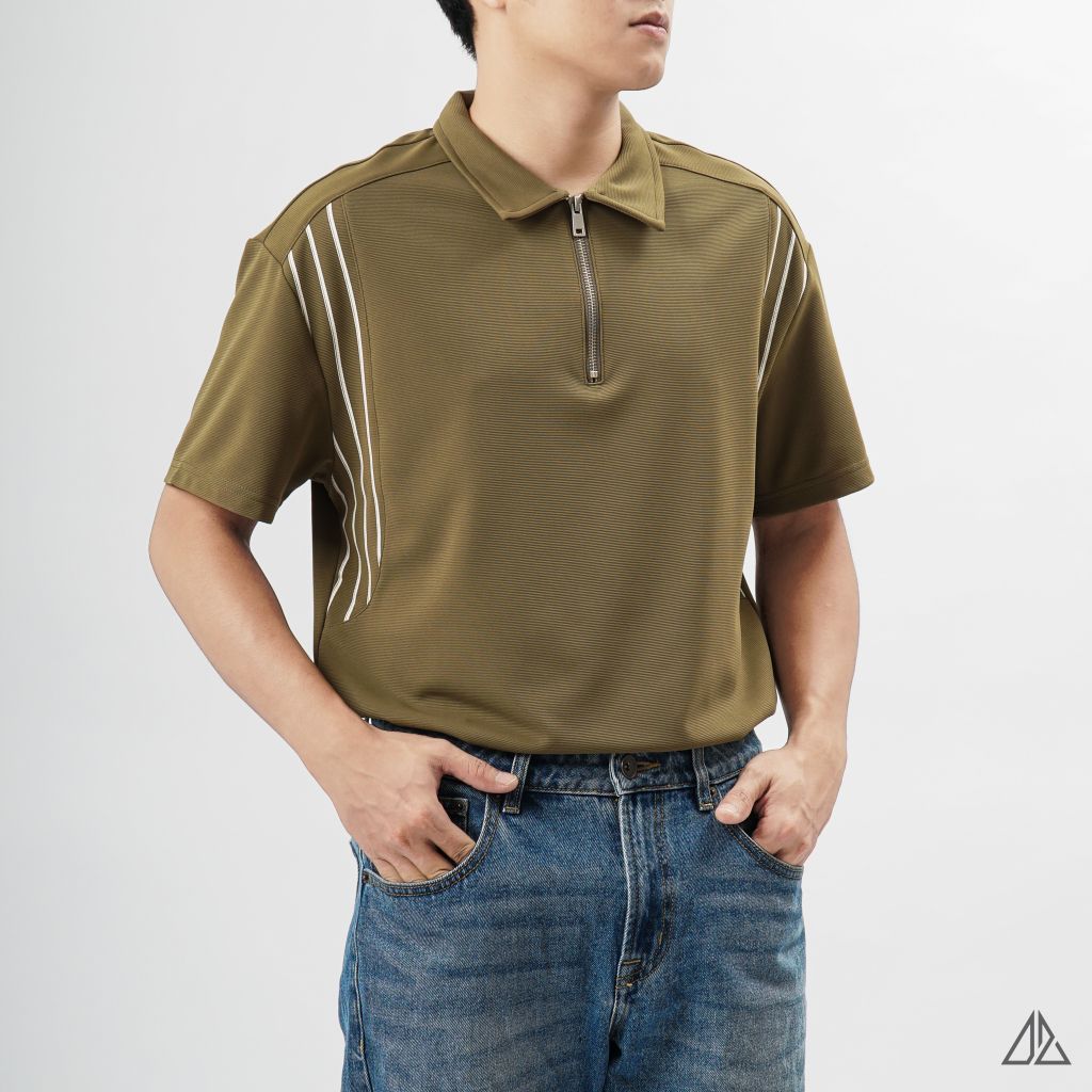 Áo polo cổ sơ mi dây kéo phối 3 sọc trắng