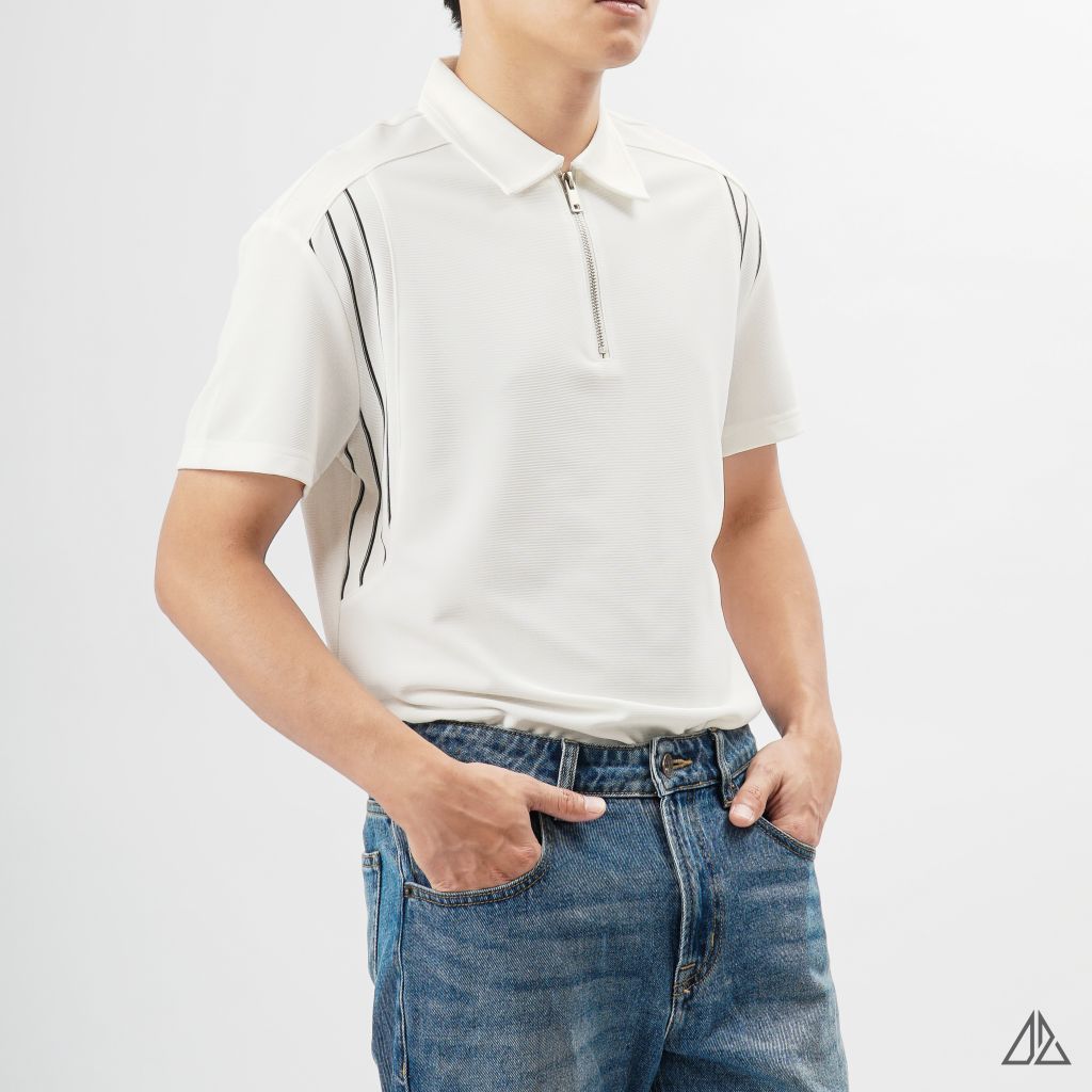Áo polo cổ sơ mi dây kéo phối 3 sọc trắng