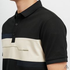 Áo polo đắp ngực kem đen thêu chữ STRENGHT